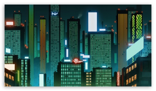 Green Neon Skyscrapers Cityscape illustration UltraHD Wallpaper for UHD 16:9 ; HD 16:9 ;