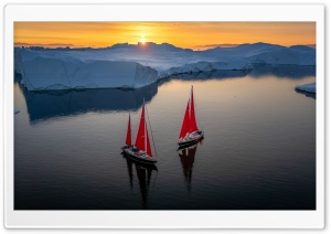 Greenland Sailing Boats at Sunset across Ice Fjords 4K UHD Wallpaper for Widescreen and UltraWide Desktop, UltraHD TV, Smartphone, Tablet