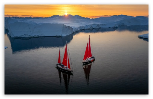 Greenland Sailing Boats at Sunset across Ice Fjords UltraHD Wallpaper for UHD 16:9 ; HD 16:9 ; UltraWide 21:9 24:10 ; Widescreen 16:10 5:3 ; Fullscreen 4:3 5:4 3:2 ; Tablet 1:1 ; Mobile 9:16 9:19.5 9:20 9:21 9:22 10:16 2:3 3:5 3:4 ; Dual 4:3 5:4 ;