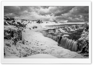 Gullfoss waterfall, Iceland, Winter, Black and White Ultra HD Wallpaper for 4K UHD Widescreen desktop, tablet & smartphone