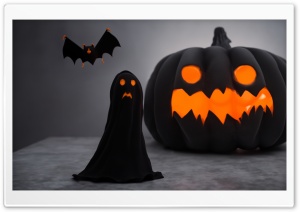 Halloween 2023, Black Jack O Lantern, Ghost, Bat Ultra HD Wallpaper for 4K UHD Widescreen desktop, tablet & smartphone