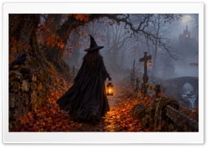 Halloween Full Moon Witch s Journey to the Castle 4K UHD Wallpaper for Widescreen and UltraWide Desktop, UltraHD TV, Smartphone, Tablet