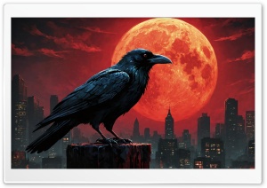 Halloween Raven, Red Full Moon, Night Ultra HD Wallpaper for 4K UHD Widescreen Desktop, Lockscreen, Screensaver, TV, Tablet, Smartphone