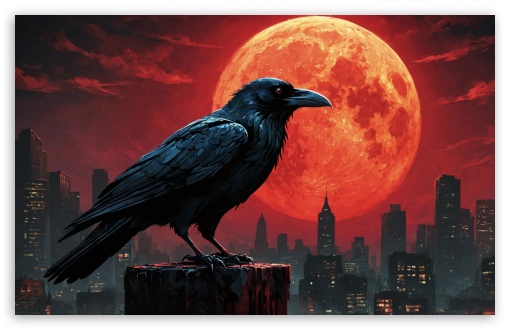 Halloween Raven, Red Full Moon, Night UltraHD Wallpaper for UHD 16:9 ; HD 16:9 ; UltraWide 21:9 24:10 32:9 32:10 ; Widescreen 16:10 5:3 ; Fullscreen 4:3 5:4 3:2 ; Tablet 1:1 ; Mobile 9:16 10:16 2:3 3:5 3:4 ; Dual 16:10 5:3 16:9 4:3 5:4 3:2 ;