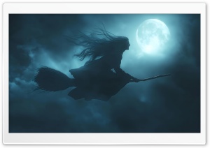 Halloween Witch Flying on a Broomstick, Midnight 4K UHD Wallpaper for Widescreen and UltraWide Desktop, UltraHD TV, Smartphone, Tablet
