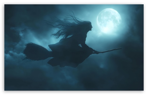 Halloween Witch Flying on a Broomstick, Midnight UltraHD Wallpaper for UHD 16:9 ; HD 16:9 ; UltraWide 21:9 24:10 32:9 32:10 ; Widescreen 16:10 5:3 ; Fullscreen 4:3 5:4 3:2 ; Tablet 1:1 ; Dual 16:10 5:3 16:9 4:3 5:4 3:2 ;