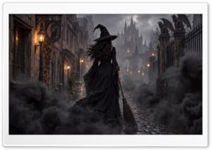 Halloween Witch with Broomstick in Black Smoke Art 4K UHD Wallpaper for Widescreen and UltraWide Desktop, UltraHD TV, Smartphone, Tablet