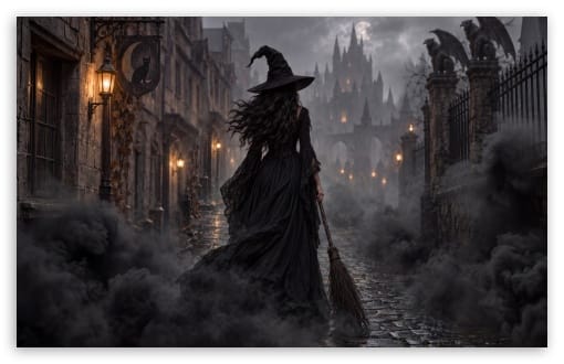 Halloween Witch with Broomstick in Black Smoke Art UltraHD Wallpaper for UHD 16:9 ; HD 16:9 ; UltraWide 21:9 24:10 32:9 32:10 ; Widescreen 16:10 ; Tablet 1:1 ; Mobile 9:16 9:19.5 9:20 9:21 9:22 ; Dual 16:10 16:9 ;