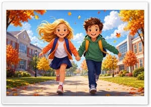 Happy Children Running Back to School Illustration 4K UHD Wallpaper for Widescreen and UltraWide Desktop, UltraHD TV, Smartphone, Tablet