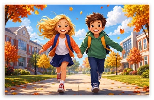 Happy Children Running Back to School Illustration UltraHD Wallpaper for UHD 16:9 ; HD 16:9 ; UltraWide 21:9 24:10 32:9 32:10 ; Widescreen 16:10 ; Tablet 1:1 ; Dual 16:10 16:9 ;