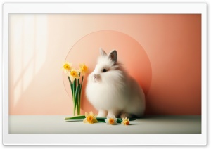 Happy Easter 2024 Fluffy Bunny, Daffodils Flowers, Aesthetic Background Ultra HD Wallpaper for 4K UHD Widescreen desktop, tablet & smartphone