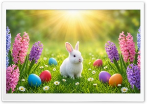 Happy Easter Bunny, Spring Flowers 4K UHD Wallpaper for Widescreen and UltraWide Desktop, UltraHD TV, Smartphone, Tablet