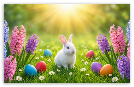 Happy Easter Bunny, Spring Flowers UltraHD Wallpaper for UHD 16:9 ; HD 16:9 ; UltraWide 21:9 24:10 32:9 32:10 ; Widescreen 16:10 ; Tablet 1:1 ; Mobile 9:16 9:19.5 9:20 9:21 9:22 ; Dual 16:10 16:9 ;