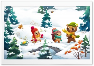 Happy Friends Winter Illustration Ultra HD Wallpaper for 4K UHD Widescreen desktop, tablet & smartphone