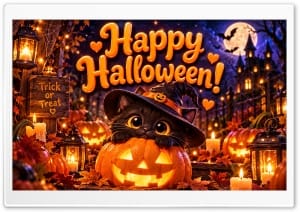 Happy Halloween Cute Black Cat and Jack-O-Lanterns 4K UHD Wallpaper for Widescreen and UltraWide Desktop, UltraHD TV, Smartphone, Tablet