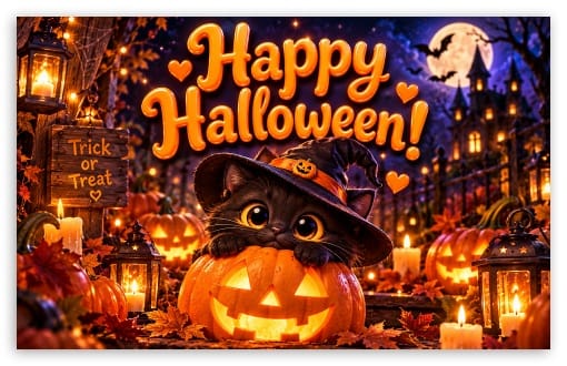 Happy Halloween Cute Black Cat and Jack-O-Lanterns UltraHD Wallpaper for Widescreen 16:10 ; Tablet 1:1 ;