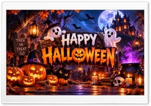 Happy Halloween Cute Ghosts and Black Cat 4K UHD Wallpaper for Widescreen and UltraWide Desktop, UltraHD TV, Smartphone, Tablet