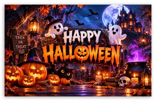 Happy Halloween Cute Ghosts and Black Cat UltraHD Wallpaper for UHD 16:9 ; HD 16:9 ; Widescreen 16:10 ;