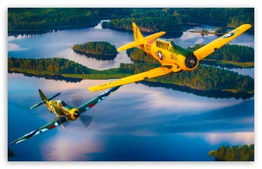 Hawker Hurricane fighter and T-6 Texan trainer Flying Together UltraHD Wallpaper for UHD 16:9 ; HD 16:9 ; UltraWide 21:9 24:10 ; Widescreen 16:10 ;