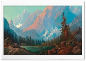 High Mountains with Firn and Lake Oil Painting 4K UHD Wallpaper for Widescreen and UltraWide Desktop, UltraHD TV, Smartphone, Tablet
