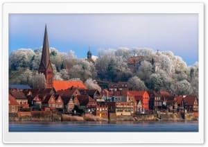 Hoar Frost on Trees, Lauenburg town, River Elbe, Germany 4K UHD Wallpaper for Widescreen and UltraWide Desktop, UltraHD TV, Smartphone, Tablet