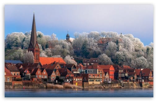 Hoar Frost on Trees, Lauenburg town, River Elbe, Germany UltraHD Wallpaper for UHD 16:9 ; HD 16:9 ; UltraWide 21:9 24:10 ; Widescreen 16:10 ; Tablet 1:1 ; Mobile 9:16 9:19.5 9:20 ;