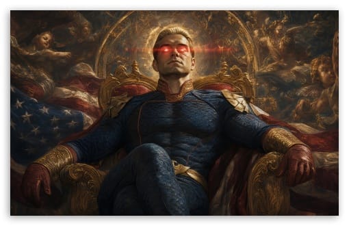 Homelander on Throne with Glowing Red Eyes Renaissance Style UltraHD Wallpaper for UHD 16:9 ; HD 16:9 ; UltraWide 21:9 24:10 32:9 32:10 ; Widescreen 16:10 ; Tablet 1:1 ; Mobile 9:16 9:19.5 9:20 ; Dual 16:10 16:9 ;
