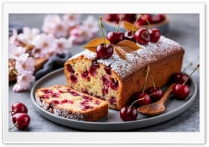 Homemade Cherry Loaf Cake on a Plate 4K UHD Wallpaper for Widescreen and UltraWide Desktop, UltraHD TV, Smartphone, Tablet