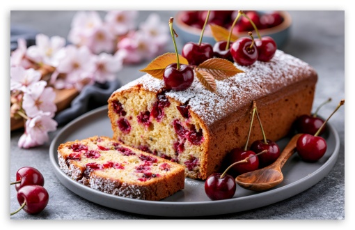 Homemade Cherry Loaf Cake on a Plate UltraHD Wallpaper for UHD 16:9 ; HD 16:9 ; Widescreen 16:10 ; Fullscreen 3:2 ;