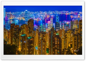 Hong Kong Night Panorama from Victoria Peak 4K UHD Wallpaper for Widescreen and UltraWide Desktop, UltraHD TV, Smartphone, Tablet