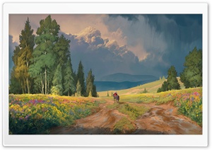 Horse Rider, Trees, Widflowers, Road, Painting, Art 4K UHD Wallpaper for Widescreen and UltraWide Desktop, UltraHD TV, Smartphone, Tablet