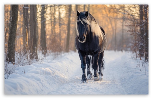 Horse Walking on a Snowy Road, Winter UltraHD Wallpaper for UHD 16:9 ; HD 16:9 ; UltraWide 21:9 24:10 ; Widescreen 16:10 5:3 ; Fullscreen 4:3 5:4 3:2 ; Tablet 1:1 ; Mobile 9:16 9:19.5 9:20 9:21 9:22 10:16 2:3 3:5 3:4 ;