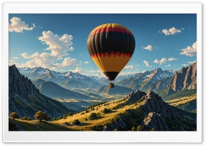 Hot Air Balloon Ride Above Mountains Illustration Ultra HD Wallpaper for 4K UHD Widescreen Desktop, Lockscreen, Screensaver, TV, Tablet, Smartphone