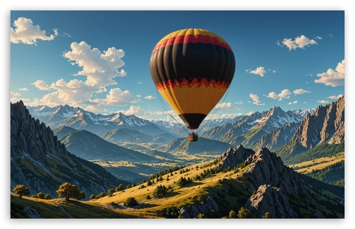 Hot Air Balloon Ride Above Mountains Illustration UltraHD Wallpaper for HD 16:9 ; UltraWide 21:9 ; Widescreen 16:10 5:3 ; Fullscreen 4:3 5:4 3:2 ; Tablet 1:1 ; Mobile 9:16 10:16 2:3 3:5 3:4 ;