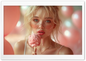 Hot Summer, Blonde Girl eating Sweet Strawberry Ice Cream Ultra HD Wallpaper for 4K UHD Widescreen desktop, tablet & smartphone