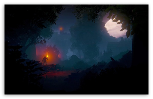 Hunter's Moon Game Scene Eerie Night Village, Full Moon UltraHD Wallpaper for UHD 16:9 ; HD 16:9 ; UltraWide 21:9 24:10 ; Widescreen 16:10 ; Tablet 1:1 ;