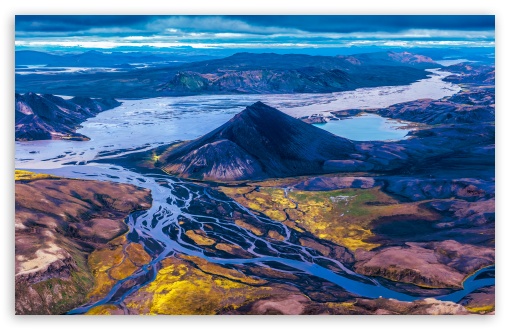 Iceland Black Mount Braided River Drone UltraHD Wallpaper for UHD 16:9 ; HD 16:9 ; UltraWide 21:9 24:10 ; Widescreen 16:10 ; Tablet 1:1 ;