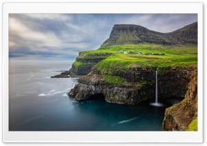 Iconic Gasadalur Village in the Faroe Islands 4K UHD Wallpaper for Widescreen and UltraWide Desktop, UltraHD TV, Smartphone, Tablet