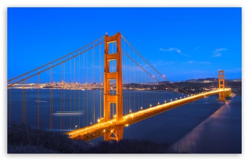 Illuminated Golden Gate Bridge at Night in San Francisco UltraHD Wallpaper for UHD 16:9 ; HD 16:9 ; UltraWide 21:9 24:10 ; Widescreen 16:10 ; Fullscreen 3:2 ; Tablet 1:1 ; Mobile 9:16 9:19.5 9:20 9:21 9:22 ;