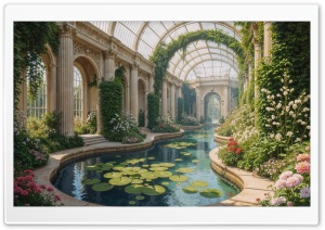 Indoor Plant Sanctuary, Ancient Greek Architecture, Greenhouse 4K UHD Wallpaper for Widescreen and UltraWide Desktop, UltraHD TV, Smartphone, Tablet