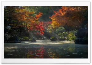 Japanese Garden Autumn Sun Rays Over Tranquil Pond 4K UHD Wallpaper for Widescreen and UltraWide Desktop, UltraHD TV, Smartphone, Tablet