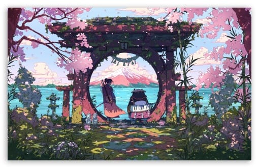 Japanese Samurai and Panda Warrior by a Torii Gate UltraHD Wallpaper for UHD 16:9 ; HD 16:9 ; UltraWide 21:9 24:10 32:9 32:10 ; Widescreen 16:10 ; Tablet 1:1 ; Mobile 9:16 9:19.5 ; Dual 16:10 16:9 ;