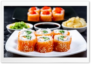 Japanese Sushi with Wasabi, Ginger and Soy Sauce 4K UHD Wallpaper for Widescreen and UltraWide Desktop, UltraHD TV, Smartphone, Tablet