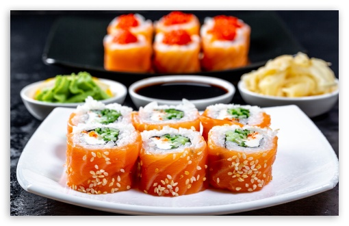 Japanese Sushi with Wasabi, Ginger and Soy Sauce UltraHD Wallpaper for UHD 16:9 ; HD 16:9 ; UltraWide 21:9 24:10 ; Widescreen 16:10 5:3 ; Fullscreen 4:3 5:4 3:2 ; Tablet 1:1 ;
