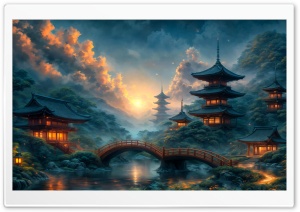 Japanese Temples Landscape Digital Painting Art 4K UHD Wallpaper for Widescreen and UltraWide Desktop, UltraHD TV, Smartphone, Tablet