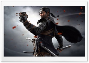 Jin Sakai with Katana in Dramatic Autumn Scene 4K UHD Wallpaper for Widescreen and UltraWide Desktop, UltraHD TV, Smartphone, Tablet
