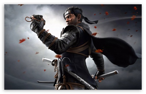 Jin Sakai with Katana in Dramatic Autumn Scene UltraHD Wallpaper for UHD 16:9 ; HD 16:9 ; UltraWide 21:9 24:10 32:9 32:10 ; Widescreen 16:10 ; Tablet 1:1 ; Dual 16:10 16:9 ;