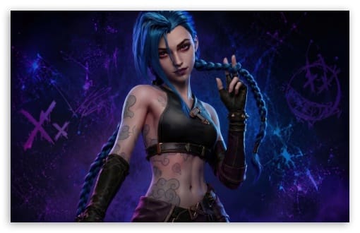Jinx Blue Braids, Tattoos, and Chaotic Aesthetic UltraHD Wallpaper for UHD 16:9 ; HD 16:9 ; UltraWide 21:9 24:10 ; Widescreen 16:10 ; Tablet 1:1 ; Mobile 9:16 9:19.5 9:20 ;