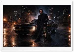 John Wick With Dog and Classic Car at Night in the City 4K UHD Wallpaper for Widescreen and UltraWide Desktop, UltraHD TV, Smartphone, Tablet