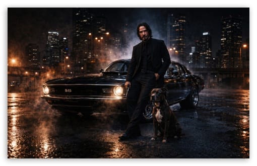 John Wick With Dog and Classic Car at Night in the City UltraHD Wallpaper for UHD 16:9 ; HD 16:9 ; UltraWide 21:9 24:10 ; Widescreen 16:10 ; Tablet 1:1 ; Mobile 9:16 9:19.5 9:20 ;